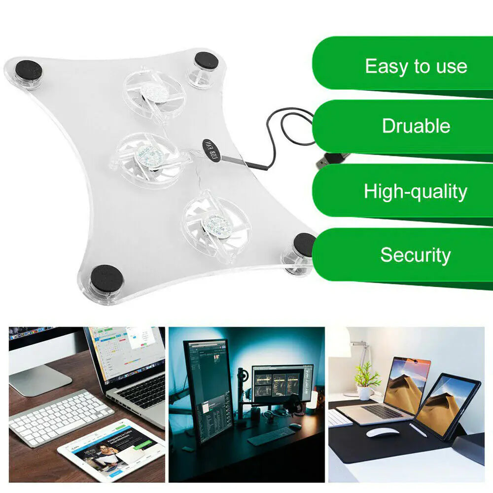 3-Fan USB Cooler Cooling Pad Stand with LED Light for Laptop