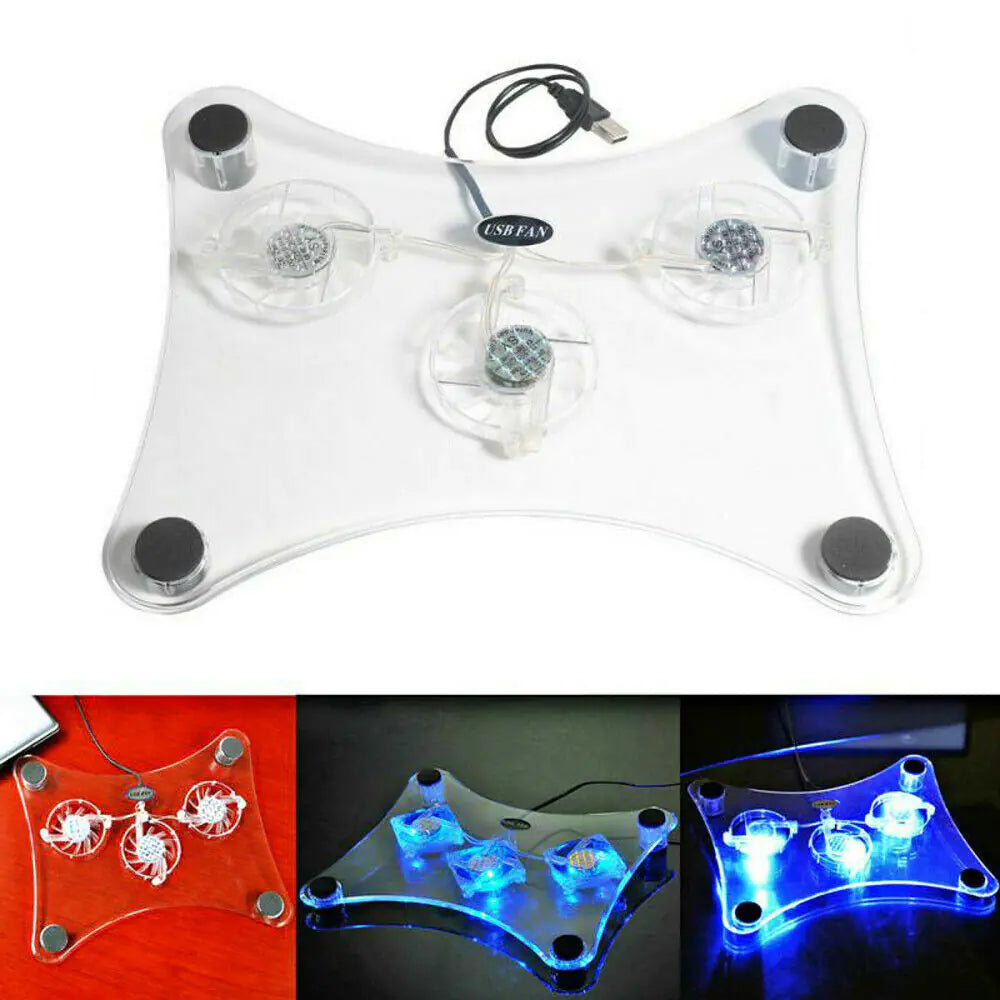 3-Fan USB Cooler Cooling Pad Stand with LED Light for Laptop