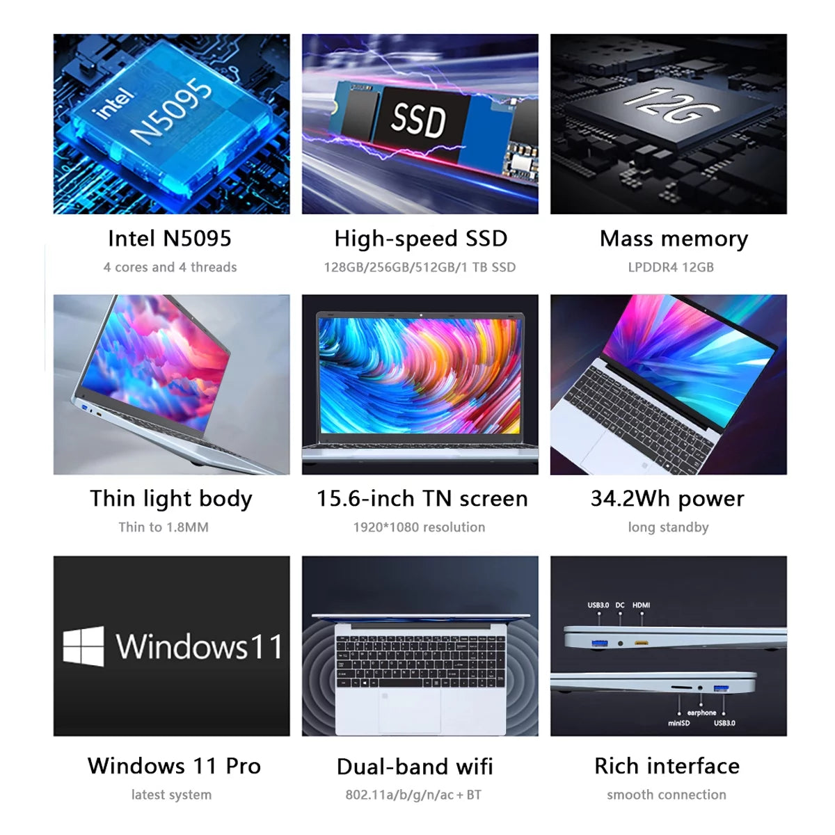 15.6&quot; Windows 11 Pro Laptop with 16GB RAM 512GB SSD, Intel Celeron Processor and Backlit Keyboard