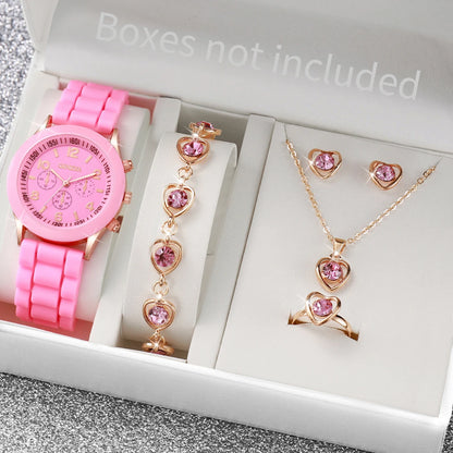 5PCS Set Luxury Watch Women Ring Necklace Earrings Rhinestone Fashion Wristwatch Female Casual Ladies Watches Bracelet Set Clock