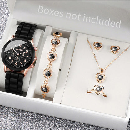 5PCS Set Luxury Watch Women Ring Necklace Earrings Rhinestone Fashion Wristwatch Female Casual Ladies Watches Bracelet Set Clock
