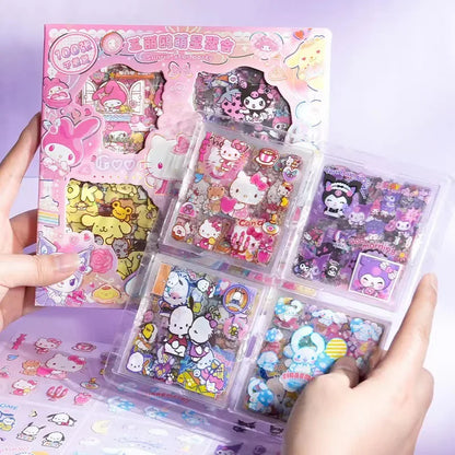 Hello Kitty Sanrio Non-Repeating 100-Piece Sticker Set Cinnamoroll Kuromi Waterproof Stationery Sticker Gift Box Birthday Gift